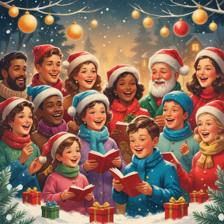 Group of happy children in santa hats reading a book against christmas backgroundの素材