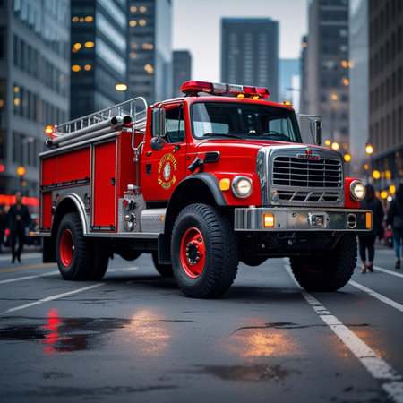 fire truck in the city at night, toned image with selective focusの素材