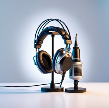 Headphones and microphone on a white background. 3d rendering.の素材