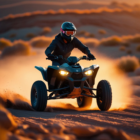 Racing quad bike in the desert at sunset. Extreme sport.の素材