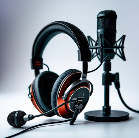 Professional microphone and headphones for singing on a white background. Close-up.の素材