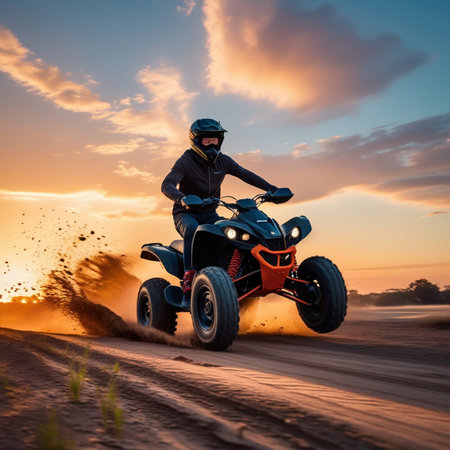 Young man riding a quad bike on a dirt road at sunset.の素材