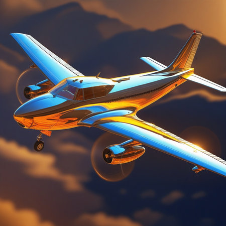 Airplane in the sky. 3D render of airplane in the skyの素材