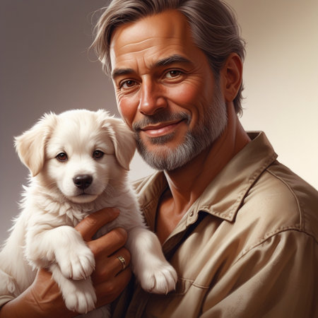 Portrait of a handsome mature man with his cute little dog.の素材