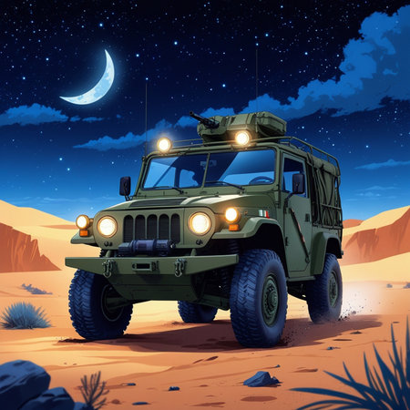 Military vehicle in the desert at night. Vector illustration in cartoon styleの素材