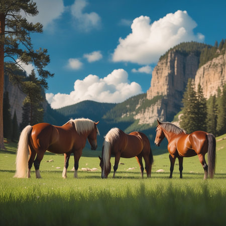 Beautiful horses grazing in the meadow with mountains in the backgroundの素材