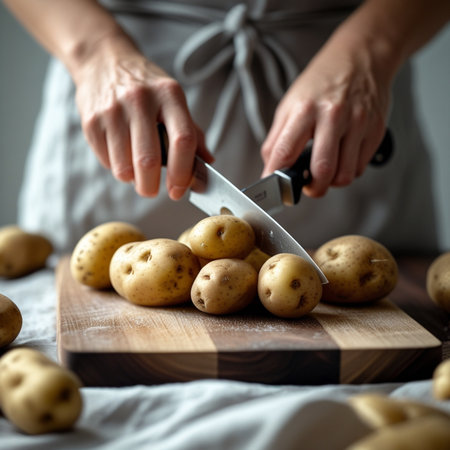 Female hands are cutting potatoes on a wooden board with a knife.の素材