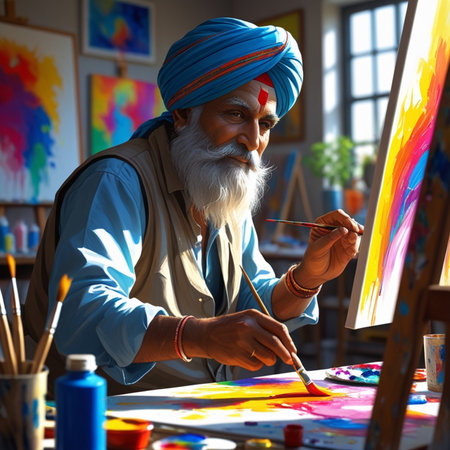 Portrait of an old bearded Indian artist painting a picture in his studio.の素材