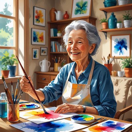 Portrait of an elderly woman painting with watercolor in her homeの素材
