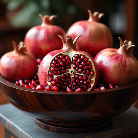 Ripe pomegranates in a wooden bowl on a tableの素材