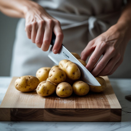young woman in a gray apron cuts potatoes on a wooden boardの素材