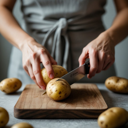 young woman in a gray apron cuts potatoes with a knife.の素材