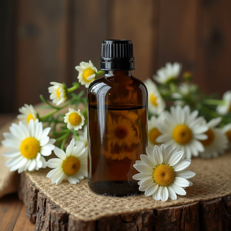 Chamomile essential oil in a glass bottle on a wooden backgroundの素材