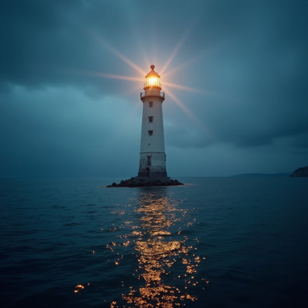 Lighthouse in the sea at sunset. Beautiful landscape with lighthouse.の素材