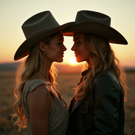 Two beautiful women in cowboy hats on a wheat field at sunset.の素材