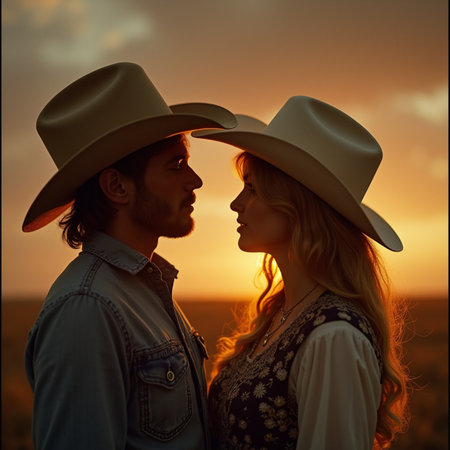 Young couple in cowboy hats looking at each other on sunset background.の素材