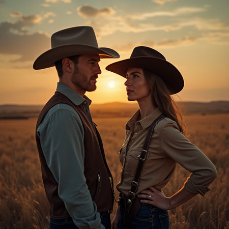 Beautiful couple in cowboy hats on wheat field at sunset. Love and romantic concept.の素材
