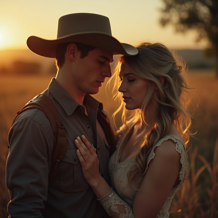 Young couple in love walking in the field at sunset. Man and woman in cowboy hats.の素材