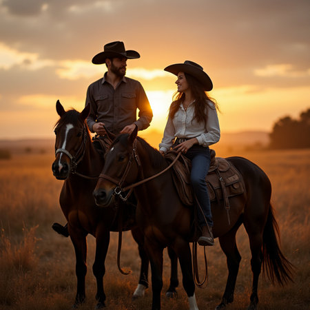 Cowboy and cowgirl on horseback at sunset in the fieldの素材