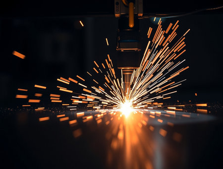 Industrial laser cutting metal with sparks, close-up. Small depth of sharpnessの素材