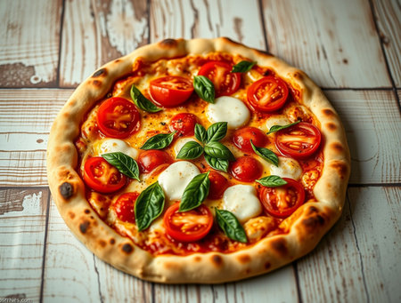 Pizza Margherita with mozzarella, cherry tomatoes and basilの素材