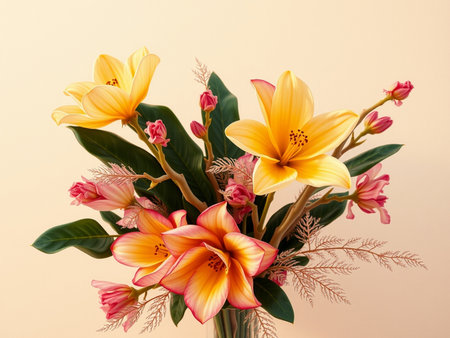 Bouquet of yellow lilies on a beige background.の素材