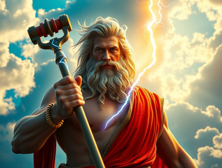 Portrait of Jesus Christ with lightning on the background of the skyの素材