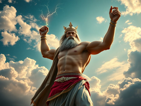 Jesus Christ with lightning in his hands against the background of the skyの素材