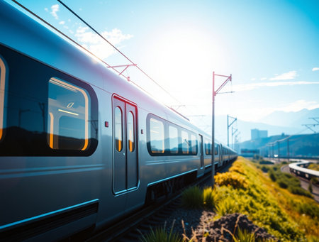 Modern high-speed train on the background of mountains and blue skyの素材