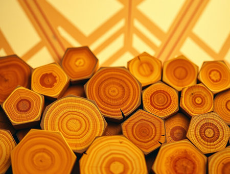 Wooden logs of different sizes and shapes on a wooden background.の素材