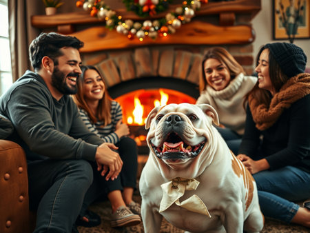 Group of friends sitting in front of fireplace and looking at their dog.の素材