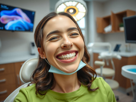 Beautiful young woman sitting in dental chair and smiling at camera in clinicの素材
