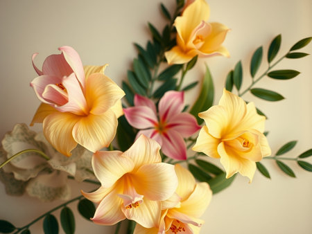 Beautiful bouquet of freesia flowers, closeup viewの素材