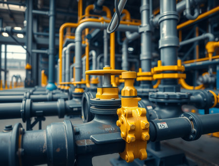 Valves and piping as found inside of a modern industrial power plantの素材