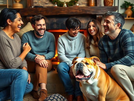 Happy friends sitting on the floor at home with their dog in the living roomの素材