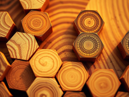 Wooden geometric shapes on a wooden background. Close-up.の素材