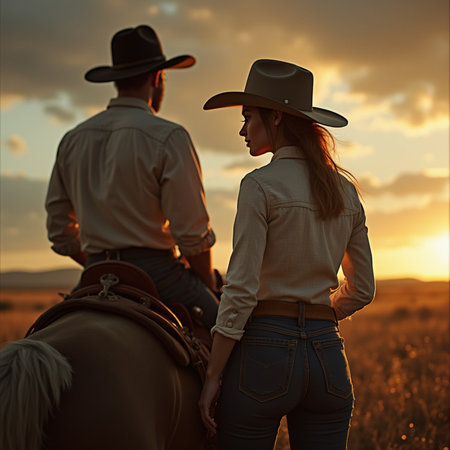 Cowboy and cowgirl in the field at sunset. Cowboy and cowgirl at sunset.の素材