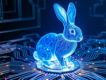Rabbit and microcircuit on blue background. 3D renderingの素材