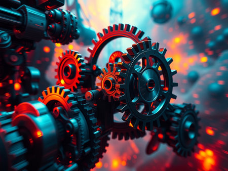 3d illustration of gears and cogs in red light background.の素材