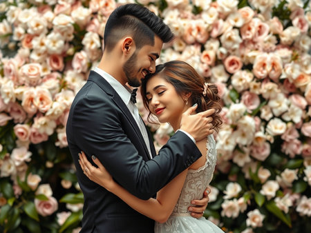 Beautiful bride and groom embracing on the background of pink roses.の素材