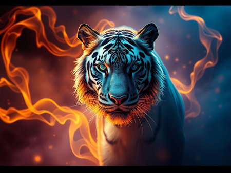 Portrait of a tiger with fire on a dark blue background.の素材