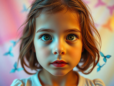 Portrait of a little girl in a white shirt. 3d rendering.の素材