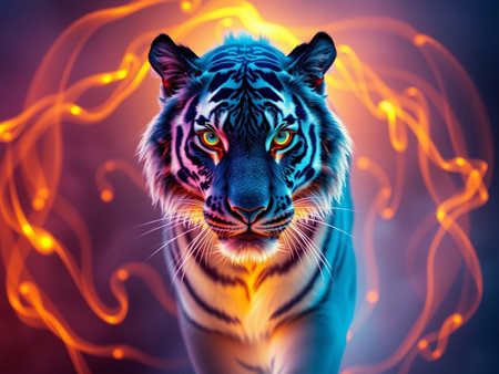 Portrait of a beautiful tiger with a burning background. 3d renderingの素材
