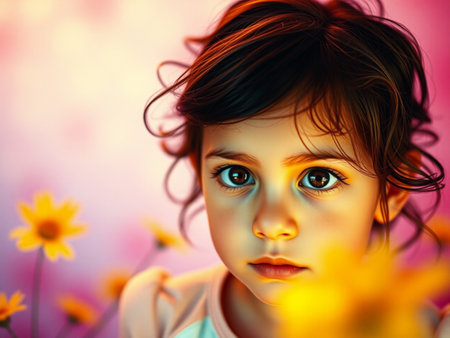 Portrait of a beautiful little girl with yellow flowers on a colorful background.の素材