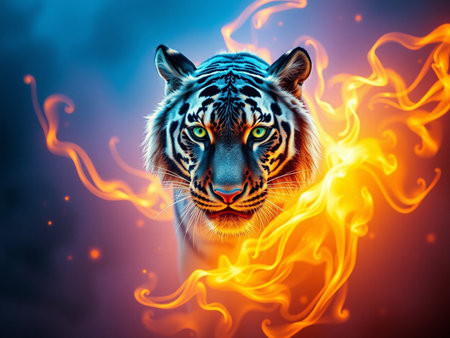 Beautiful tiger with fire flames on a dark background. Digital painting.の素材