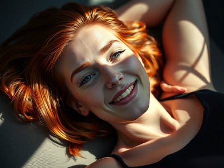 Portrait of a beautiful young redhead woman lying on the floor.の素材