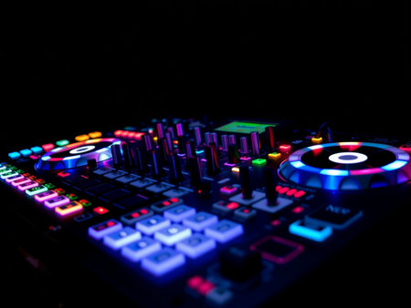 Dj mixer on black background with colorful lights. 3d renderingの素材