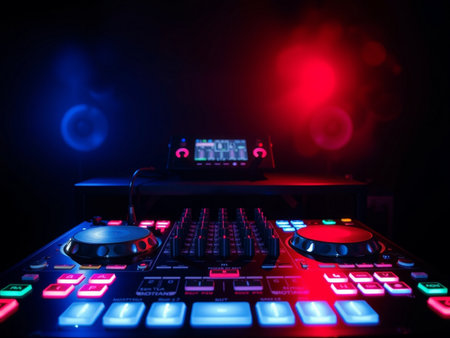 Dj mixer with colorful light effects on dark background. Music concept.の素材