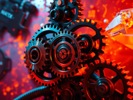 Gears and cogs on red background. 3d illustration.の素材