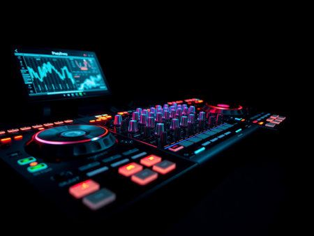 Dj mixer with colorful lights on black background. 3d renderingの素材